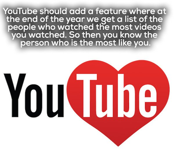 youtube - YouTube should add a feature where at the end of the year we get a list of the people who watched the most videos you watched. So then you know the person who is the most you. YouTube
