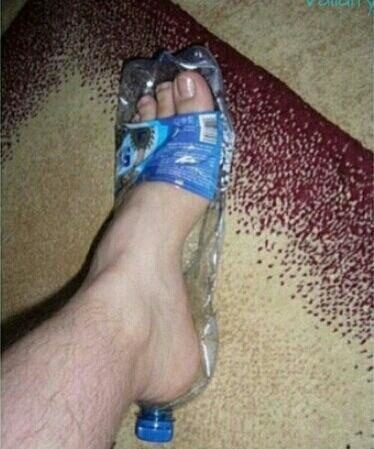 This man seems to be enjoying his new sandals?