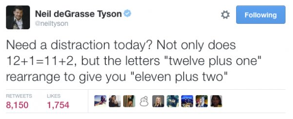 neil smoke degrasse tyson - Neil deGrasse Tyson ing Need a distraction today? Not only does 121112, but the letters "twelve plus one" rearrange to give you "eleven plus two" 3,150 1,754 068D8D