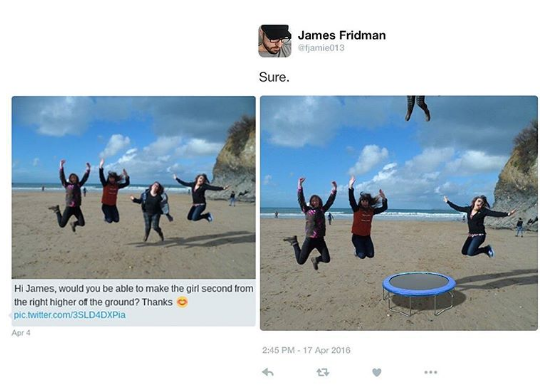 asked the wrong guy to photoshop - James Fridman Gjamie013 Sure. Hi James, would you be able to make the girl second from the right higher of the ground? Thanks pic.twitter.com3SLD4DXPia Apr 4