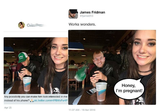 funny photoshop james fridman - James Fridman fjamie013 Works wonders. Honey, I'm pregnant! Any possibility you can make him look interested in me instead of his phone? pic.twitter.comV4PBWSFw4P Apr 15