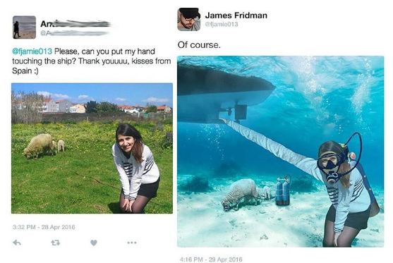 funny photoshop - An James Fridman Mamic013 Of course. Please, can you put my hand touching the ship? Thank youuuu, kisses from Spain
