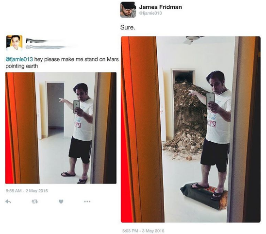 ask photoshop mars - James Fridman Gamie013 Sure. hey please make me stand on Mars pointing earth Bussam 5008 Pm