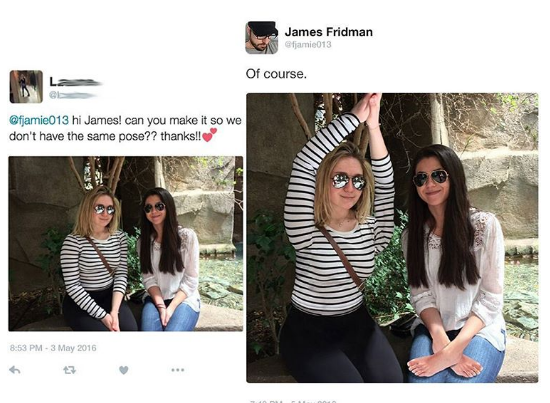 funny twitter photoshop guy - James Fridman amic013 Of course. hi James! can you make it so we don't have the same pose?? thanks!! Wari 8.53. Pm