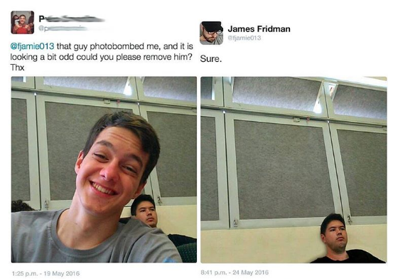 funny photoshop requests - pepe James Fridman jamie013 that guy photobombed me, and it is looking a bit odd could you please remove him? Sure. Thx 861 m.