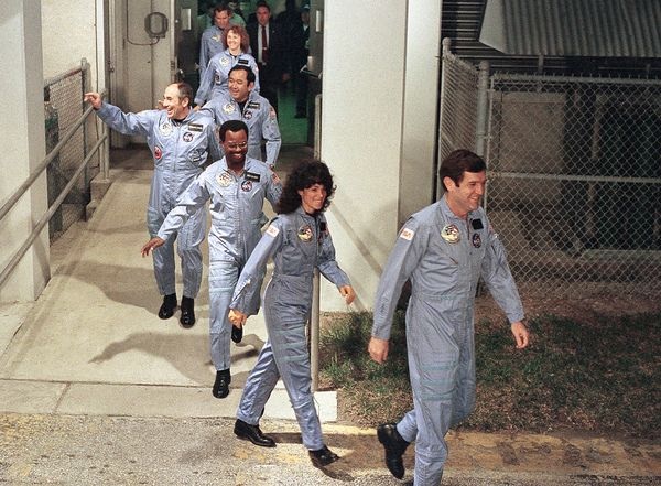 January 28, 1986 – the crew of the Challenger on their way to board the shuttle...
