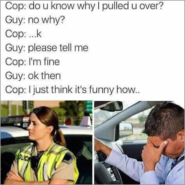 just think its funny - Cop do u know why I pulled u over? Guy no why? Cop ...k Guy please tell me Cop I'm fine Guy ok then Cop I just think it's funny how..