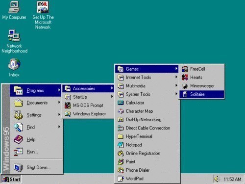 kids today will never know - Msil My Computer Set Up The Microsoft Network Network Neighborhood Inbox FreeCell 3 Hearts Minesweeper Solitaire Programs Documents Accessories G StartUp 2 MsDos Prompt Windows Explorer Settings Eind Help 5 Games Intemet Tools