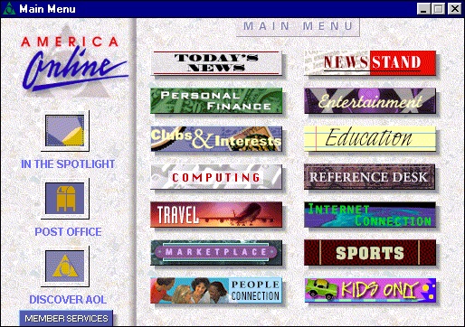 aol old - Main Menu Main Menu America inune News Stand Personal 2 Finance Entertainment Clubs & Interests Computing Education Reference Desk In The Spotlight Travel Interne Onrectlon Post Office Tplace Sports People Connection S Kids On Discover Aol Membe