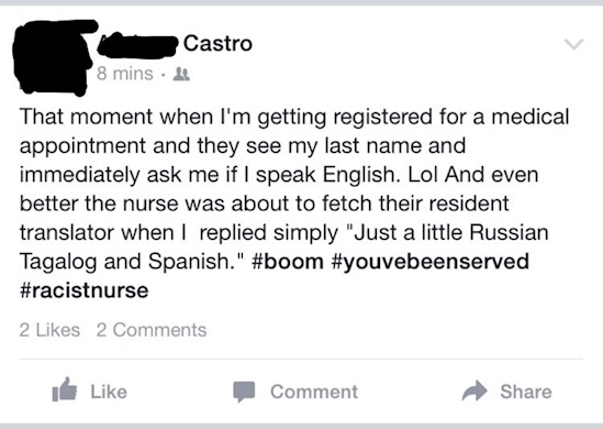 document - Castro 8 mins. That moment when I'm getting registered for a medical appointment and they see my last name and immediately ask me if I speak English. Lol And even better the nurse was about to fetch their resident translator when I replied simp