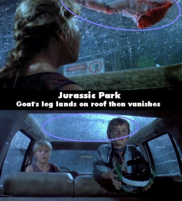movie mistakes - Jurassic Park Goat's leg lands on roof then vanishes