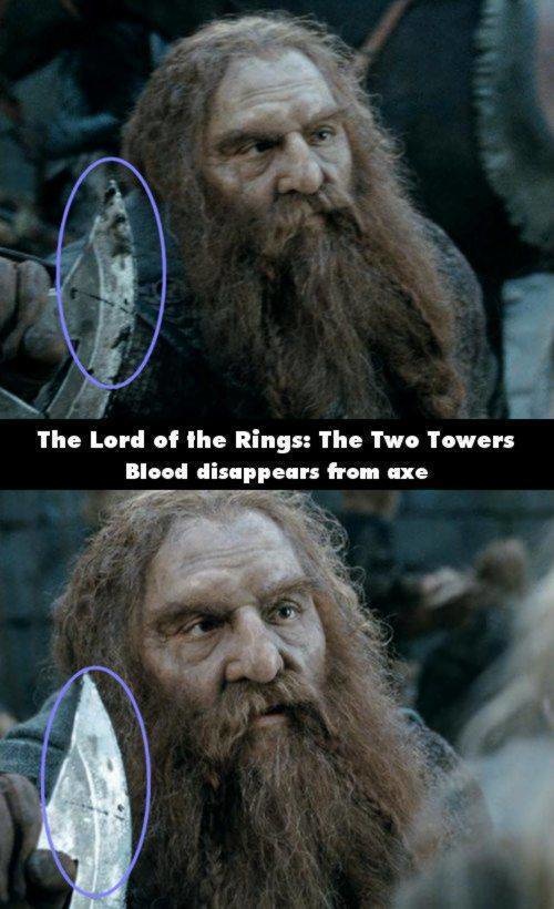 lord of the rings movie mistakes - The Lord of the Rings The Two Towers Blood disappears from axe
