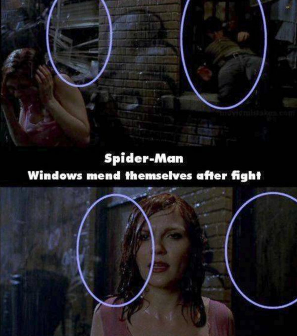 hidden movie mistakes - SpiderMan Windows mend themselves after fight