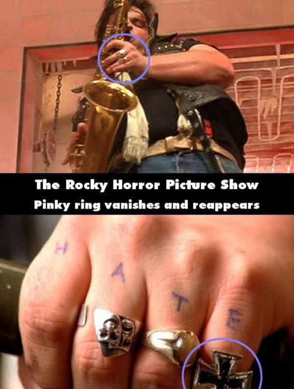 mistake missed in movies - The Rocky Horror Picture Show Pinky ring vanishes and reappears