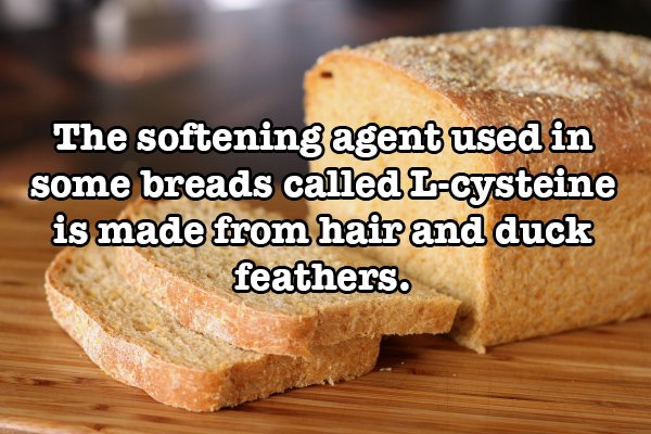 rye bread - The softening agent used in some breads called Lcysteine is made from hair and duck feathers.