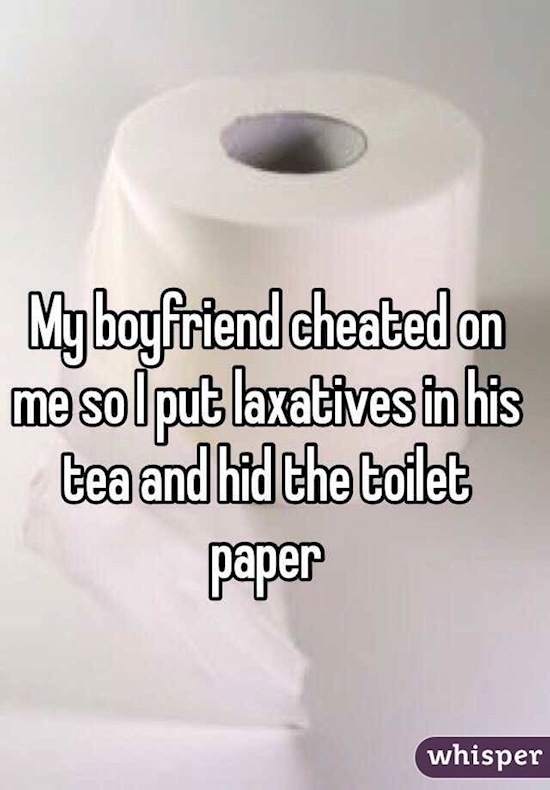 toilet paper - My boyfriend cheated on me solput laxatives in his tea and hid the toilet paper whisper