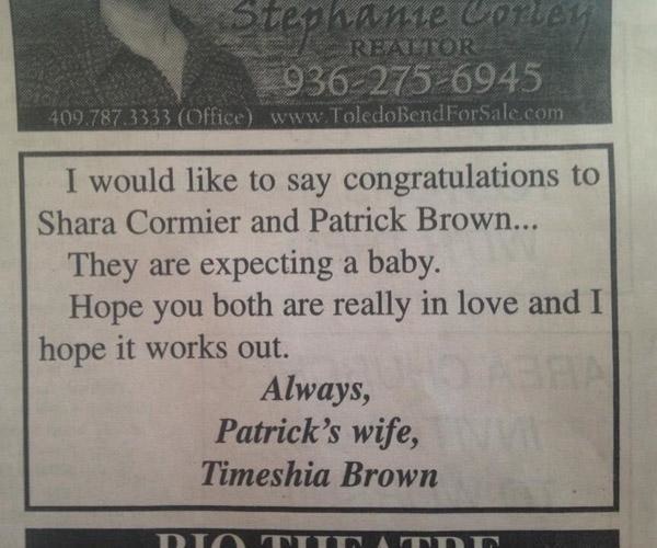 commemorative plaque - Stephanie conten 0362756945 409.787.3333 Office I would to say congratulations to Shara Cormier and Patrick Brown... They are expecting a baby. Hope you both are really in love and I hope it works out. Always, Patrick's wife, Timesh