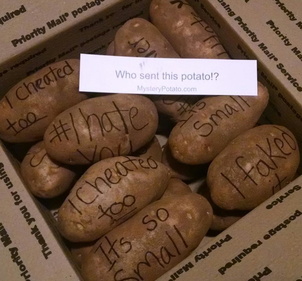 Julred riority M Priority Mall postag, using Priority Mail Service Priority Ma Who sent this potato!? Mystery Potato.com I cheated toe Wes Thank you for using cheated o too Priority Mal Its so polnbod obesod New Ahola