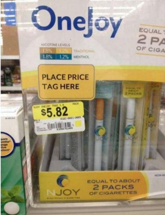 funny you had one job - Oneloy ze Equal 2 Pa Of Ciga Nicotine Levels 1.8% 1.8% 1.2% Trado Menthol Place Price Tag Here $5.82 Equal To About 2 Packs Njoy Of Cigarettes