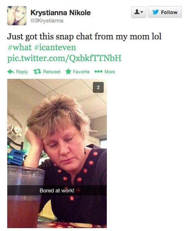 funny moms - Y Krystianna Nikole Just got this snap chat from my mom lol pic.twitter.comQxbkfTTNDH 13 Retweet F avorite More Bored at work!