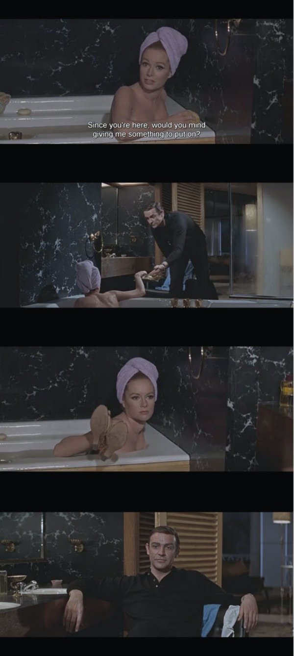 silly james bond like a boss - Since you're here, would you mind giving me something to put on?