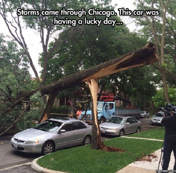 When a storm causes a tree to fall and it goes over your car.