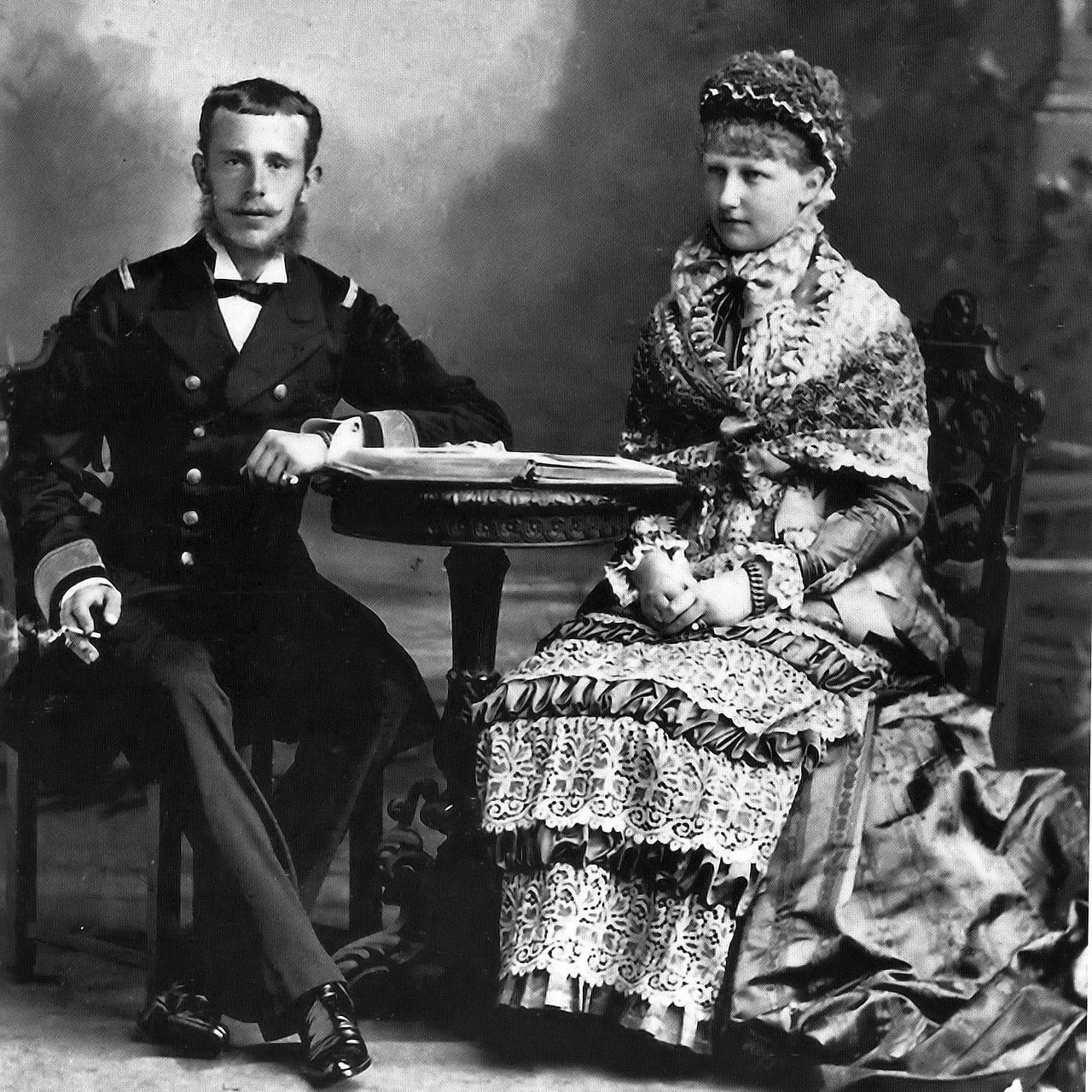 The Daughters of King Leopold II: Marrying Crowns.

Leopold II, second king of the Belgians, was known for bringing in money for his country, but at the expense of the Congo's resources, ivory and rubber, and people. In the end, his policies of forced labor killed millions of Congolese.

Altogether, he had four legitimate children. His three daughters married well; the eldest, Louise Prince Philipp of Saxe-Coburg and Gotha, Stéphanie's hand was taken by Crown Prince Rudolf of Austria, and the youngest, Clémentine, married into the Bonaparte family against her father's wishes.

Leopold's only son died at the age of 10.

Pictured here is daughter Stéphanie with Rudolf, who later committed an apparent murder-suicide with his mistress, Mary Vetsera.