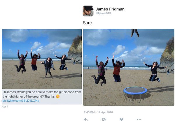 asked the wrong guy to photoshop - James Fridman jamic013 Sure. Hi James, would you be able to make the girl second from the right higher off the ground? Thanks pic.twitter.com3SLD4DXPia Apr 4