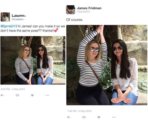 funny twitter photoshop guy - James Fridman fjamie013 Of course. hi James! can you make it so we don't have the same pose?? thanks!!