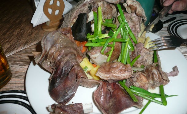 This bizarre Mongolian dish is made with either a marmot or a goat, cooked in its own skin with hot stones in its stomach.