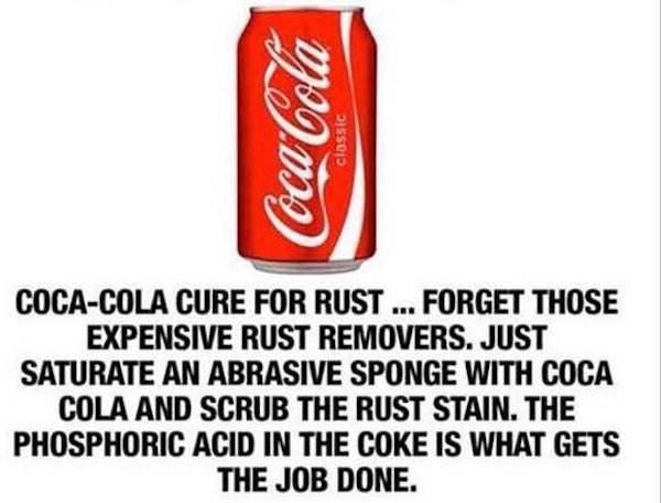 coca cola can - Coca Cola classic CocaCola Cure For Rust ... Forget Those Expensive Rust Removers. Just Saturate An Abrasive Sponge With Coca Cola And Scrub The Rust Stain. The Phosphoric Acid In The Coke Is What Gets The Job Done.