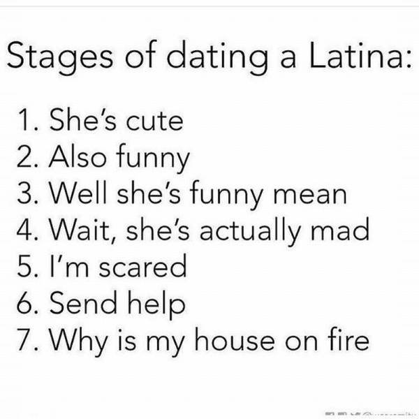 Humour - Stages of dating a Latina 1. She's cute 2. Also funny 3. Well she's funny mean 4. Wait, she's actually mad 5. I'm scared 6. Send help 7. Why is my house on fire