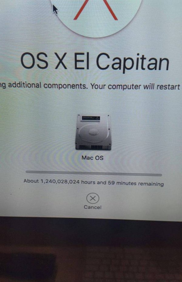 electronics - Os X El Capitan ng additional components. Your computer will restart Mac Os About 1,240,028,024 hours and 59 minutes remaining Cancel