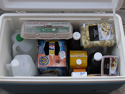 Freeze gallon jugs of water.

Put them into your cooler to keep your food cold and to have nice cold water to drink later.