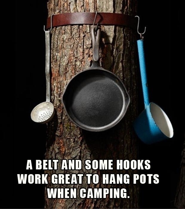 Create a place to hang up pots and pans.

Just wrap a belt around a tree and attach hooks to it.