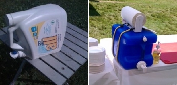 Create a hand-washing station.

Just fill up an empty laundry detergent dispenser with water.