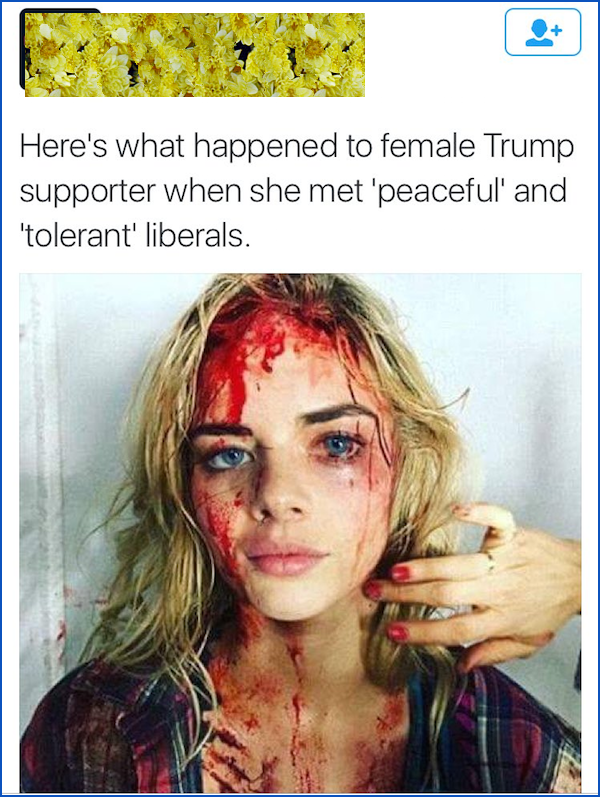 people getting called out  - samara weaving ash vs evil dead - Here's what happened to female Trump supporter when she met 'peaceful and "tolerant' liberals.