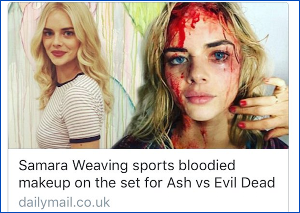 people getting called out  - samara weaving ash vs evil dead - Samara Weaving sports bloodied makeup on the set for Ash vs Evil Dead dailymail.co.uk