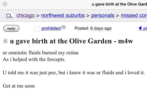 craigslist personals funny - u gave birth at the Olive Gard Cl chicago nort...