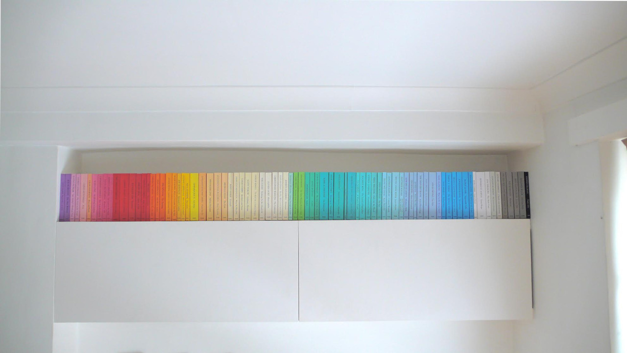 A bookshelf containing books of every color.