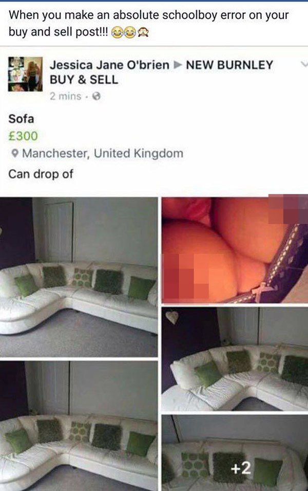 Nestled among the pictures of the leather settee she uploaded was a photo of her boobs. Unsurprisingly, her post on a local buy-and-sell page quickly gained a lot of interest.