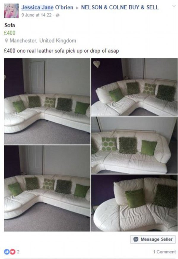 Sadly moderators didn’t see the funny side and have since removed the picture. The sofa itself has since disappeared from the site so looks like it’s been sold. Maybe that speaks to her advertising skills?
