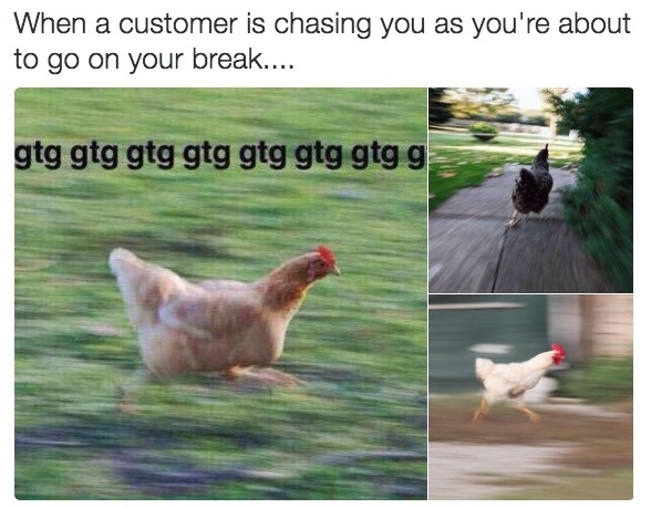 running chicken meme - When a customer is chasing you as you're about to go on your break.... gtg gtg gtg gtg gtg gtg gtgg