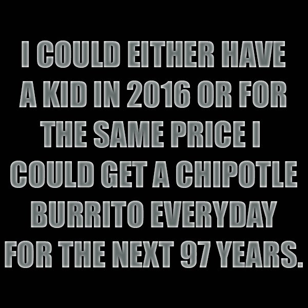 angle - I Could Either Have A Kid In 2016 Or For The Same Price I Could Get A Chipotle Burrito Everyday For The Next 97 Years.