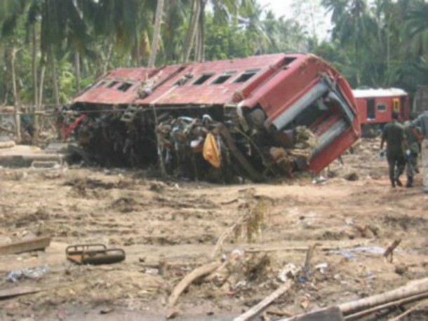 The 2004 Sri Lanka tsunami-rail disaster is the largest single rail disaster in world history by death toll, with at least 1,700 fatalities. It occurred when an overcrowded passenger train was destroyed on a coastal railway in Sri Lanka by a tsunami that followed the 2004 Indian Ocean earthquake.