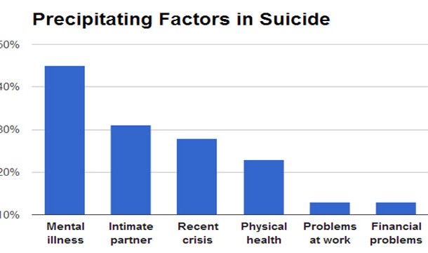 main cause of suicide - Precipitating Factors in Suicide 50% 40% 30% 20% 10% Mental illness Intimate partner Recent crisis Physical health Problems Financial at work problems