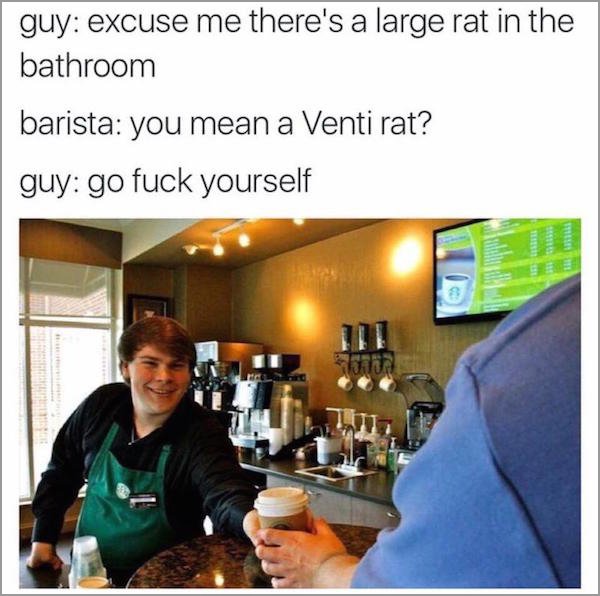 venti rat - guy excuse me there's a large rat in the bathroom barista you mean a Venti rat? guy go fuck yourself 07