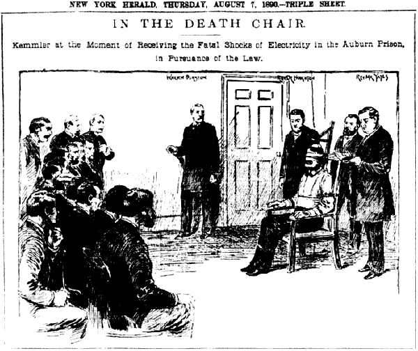 The electric chair was invented to be a more humane form of capital punishment, but its first use was positively shocking. William Kemmler, convicted of hacking his wife to death with an ax, was the first man to meet his fate by electricity. On Aug 6, 1890, Kimmler put on a suit and tie and calmly strode into the electrocution chamber and allowed himself to be strapped in. “Well, I wish everybody good luck,” he said. 

Warden Charles F. Durston ordered the switch thrown, and 1,000 volts coursed through Kemmler's body for 17 seconds. Although there was the stench of burned flesh, the doctors in attendance quickly realized Kemmler wasn't dead, and the switch was thrown a second time at double the voltage. Kemmler's eyes began to bleed, and his body caught fire. He was pronounced dead shortly thereafter.