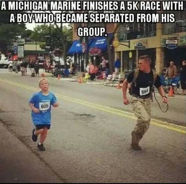 marine helps kid finish race - A Michigan Marine Finishes A 5K Race With A Boywho Became Separated From His Group. 605