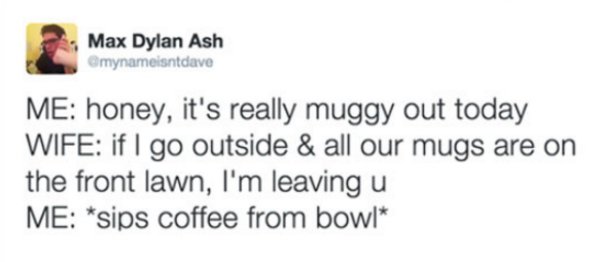 it's muggy out there pun - Max Dylan Ash Omynameisntdave Me honey, it's really muggy out today Wife if I go outside & all our mugs are on the front lawn, I'm leaving u Me sips coffee from bowl